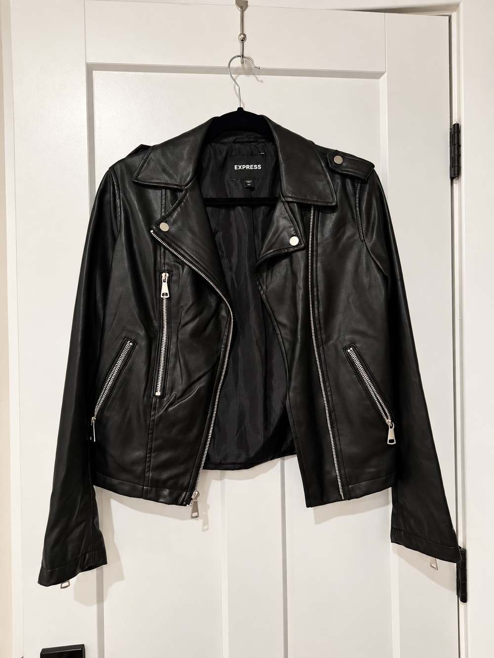 Express Black Faux Leather Moto Jacket with Silver Hardware